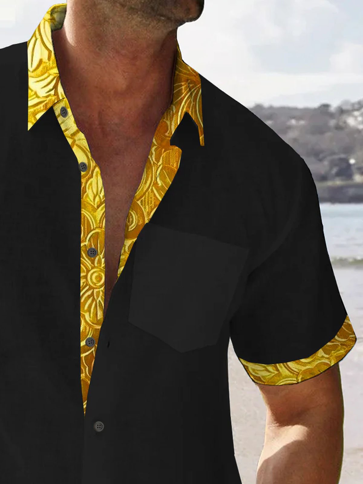 Royaura® Vintage Gold Floral 3D Print Men's Button Pocket Short Sleeve Shirt