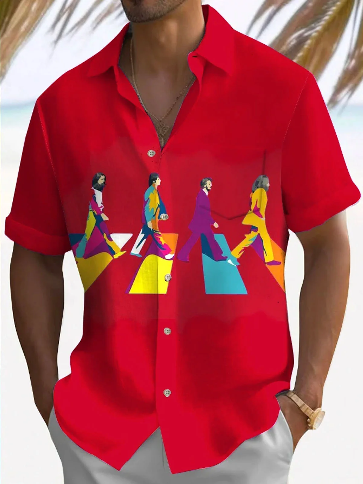 Royaura®60s Cartoon Music Print Men's Button Pocket Short Sleeve Shirt