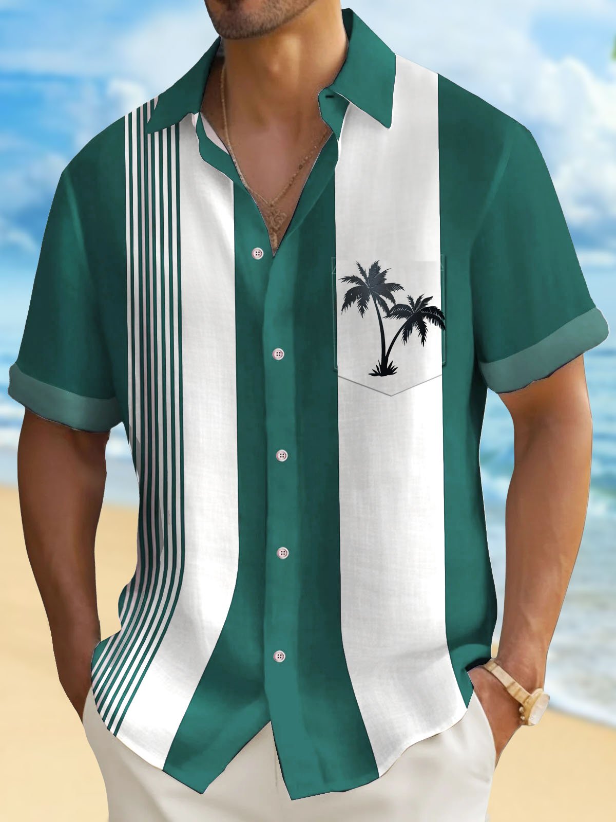 Royaura® Vintage Coconut Bowling Print Men's Button Pocket Short Sleeve Shirt