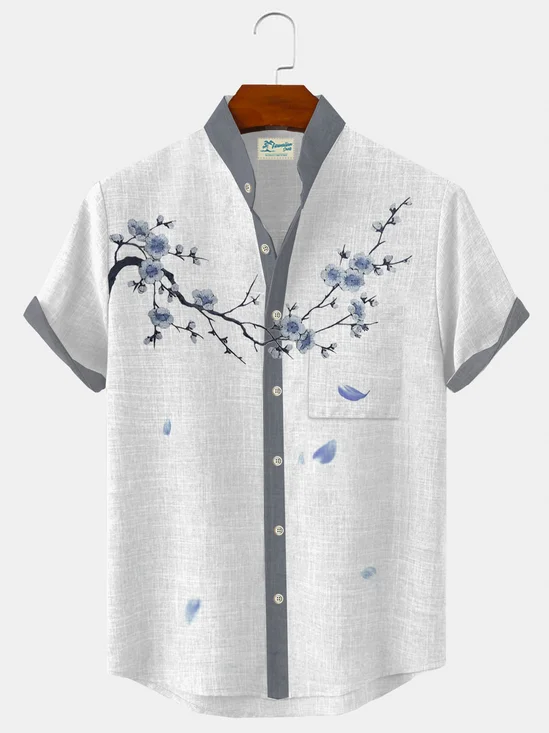 Royaura Pocket Japanese Floral Print Beach Men's Hawaiian Big&Tall Stand Collar Shirt