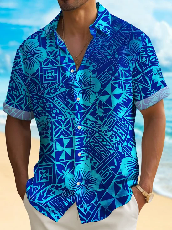 Royaura® Beach Vacation Posinisian Men's Hawaiian Shirt Tapa Geometric Art Pocket Tropical Tiki Sculptor Shirt Big Tall