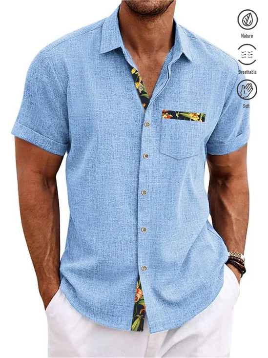 Royaura® Solid Color Tropical Floral Men's Shirt Breathable Comfortable Camp Pocket Shirt Big Tall