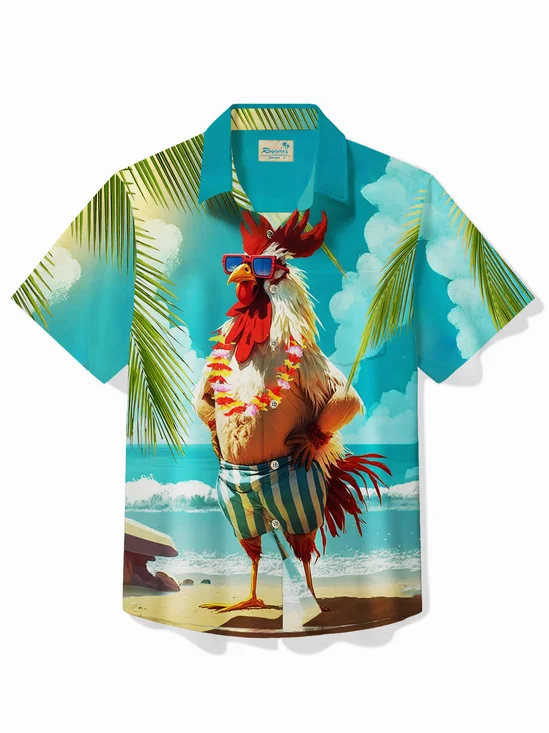 Royaura® Beach Vacation Men's Hawaiian Shirt Rooster Cartoon Art Quick Drying Stretch Pocket Shirt Big Tall