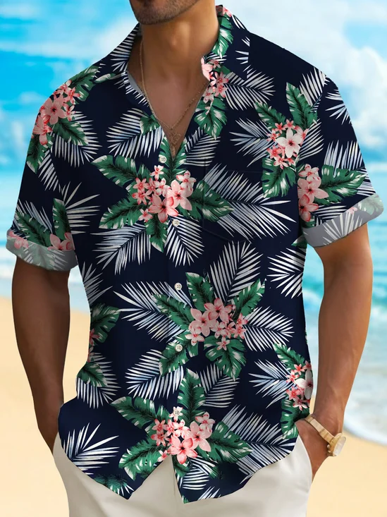 Royaura® Beach Vacation Palm Leaf Blue Men's Hawaiian Shirt Stretch Quick Dry Pocket Tropical Aloha Shirt Big Tall