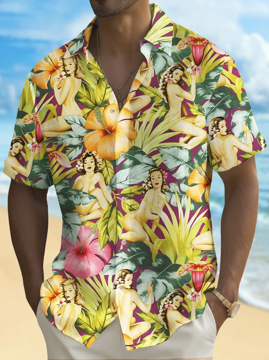 Royaura® Beach Vacation Men's Hawaiian Shirt Floral Pin Up Girl Print Pocket Camping Shirt Big Tall