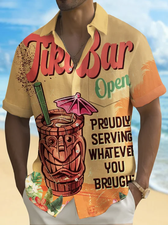 Royaura® Beach Vacation Men's Hawaiian Shirt Tiki Cocktail Print Tiki Bar Bartender Pocket Camping Shirt