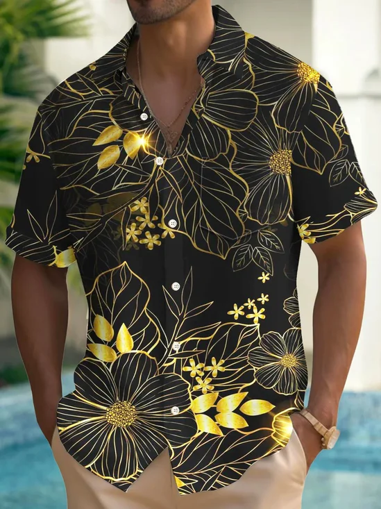 Royaura® Hawaiian Gold Tropical Floral Botanical 3D Print Men's Button Pocket Short Sleeve Shirt