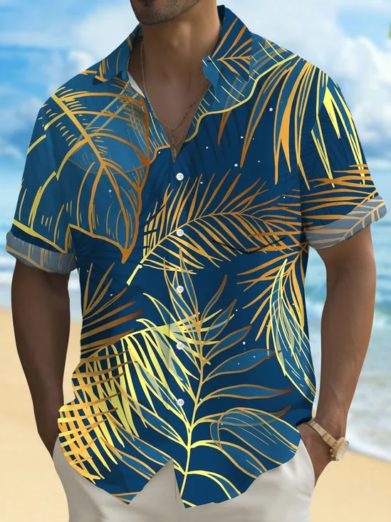 Royaura® Hawaii Plant Leaves Gradient Print Men's Button Pocket Short Sleeve Shirt