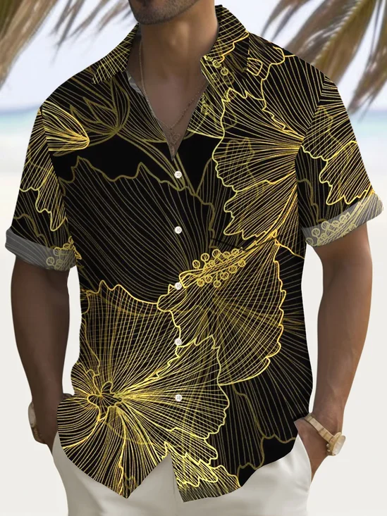 Royaura® Hawaii Gold Botanical Leaf Print Men's Button Pocket Short Sleeve Shirt