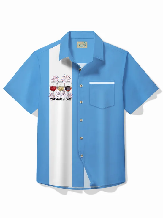 Royaura® Vintage Bowling Independence Day Cocktail Print Chest Pocket Shirt Plus Size Men's Shirt Big Tall