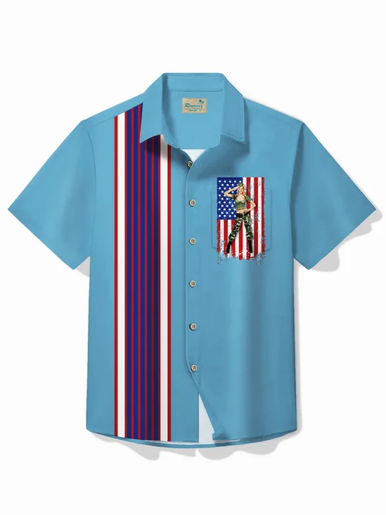 Royaura® Vintage Bowling Independence Day USA Poster Girl Print Chest Pocket Shirt Plus Size Men's Shirt