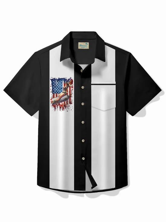 Royaura® Vintage Bowling Independence Day USA Poster Girl Print Chest Pocket Shirt Plus Size Men's Shirt