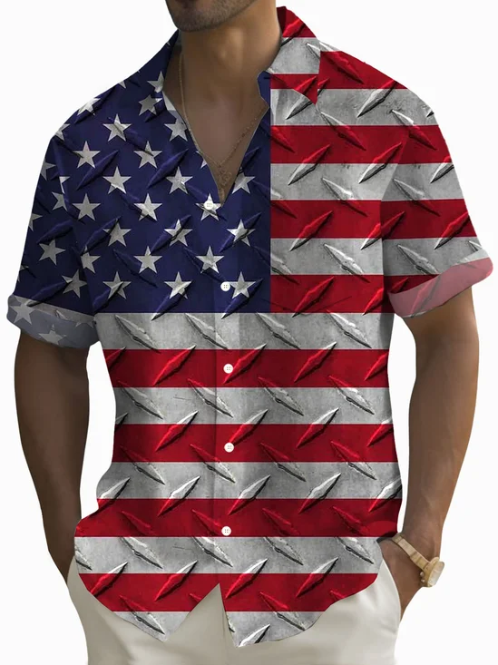 Royaura® Vintage Flag Independence Day Print Men's Button Pocket Short Sleeve Shirt
