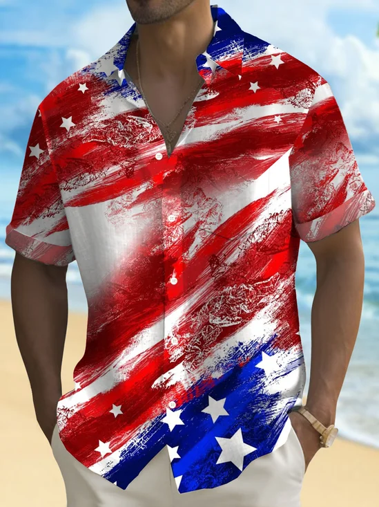 Royaura® Vintage Flag Gradient Independence Day Print Men's Button Pocket Short Sleeve Shirt