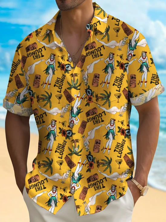 Royaura® Beach Vacation TIKI Totem Men's Hawaiian Shirt Hula Girl Quick Drying Stretch Pocket Sculptor Shirt Big Tall