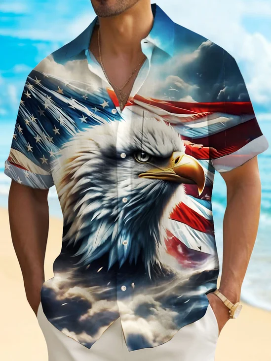 Royaura® Independence Day Flag Eagle Men's Hawaiian Shirt Stretch Quick Dry Pocket Camp Shirt Big Tall