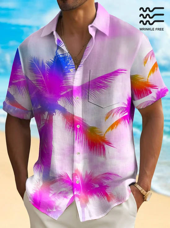 Royaura® Beach Vacation Gradient Coconut Tree Men's Hawaiian Shirt Wrinkle Free Seersucker Stretch Camp Pocket Shirt Big Tall