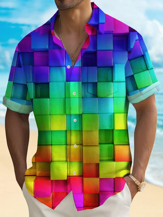 Royaura® Retro Psychedelic Geometric Men's Hawaiian Shirt Pocket Rainbow Square Art Shirt Big Tall