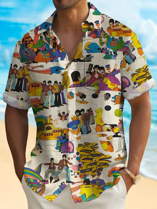 Royaura® 50's Retro Cartoon Men's Music Shirt Stretch Quick Dry Camp Pocket Band Shirt Big Tall