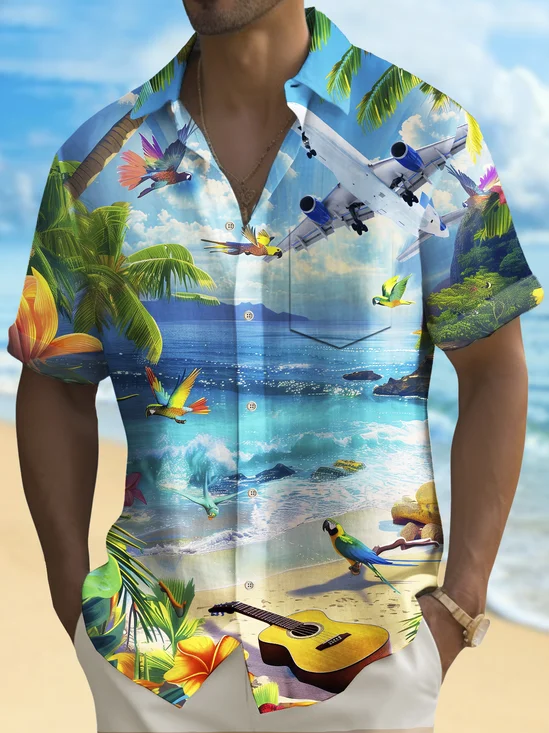 Royaura® Beach Vacation Men's Hawaiian Shirt Beach Coconut Tree Parrot Guitar Print Pocket Camping Shirt Big Tall