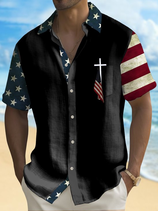 Royaura® Holiday Men's Independence Day Flag Cross Print Casual Breathable Short Sleeve Shirt Big Tall