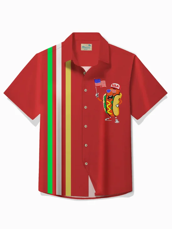 Royaura® Hawaiian BBQ Hot Dog Flag Independence Day Print Men's Button Pocket Short Sleeve Shirt