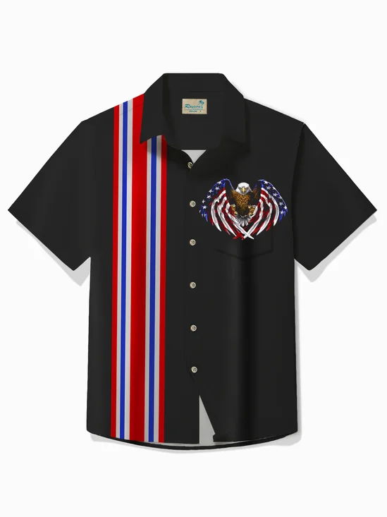 Royaura® Vintage Bowling Flag Eagle 3D Print Men's Button Pocket Short Sleeve Shirt