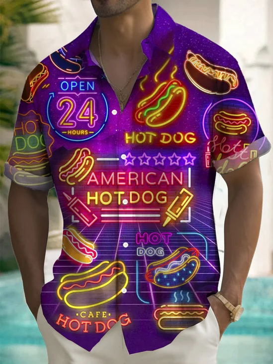 Royaura® Hawaiian BBQ Hot Dog Gradient Print Men's Button Pocket Short Sleeve Shirt