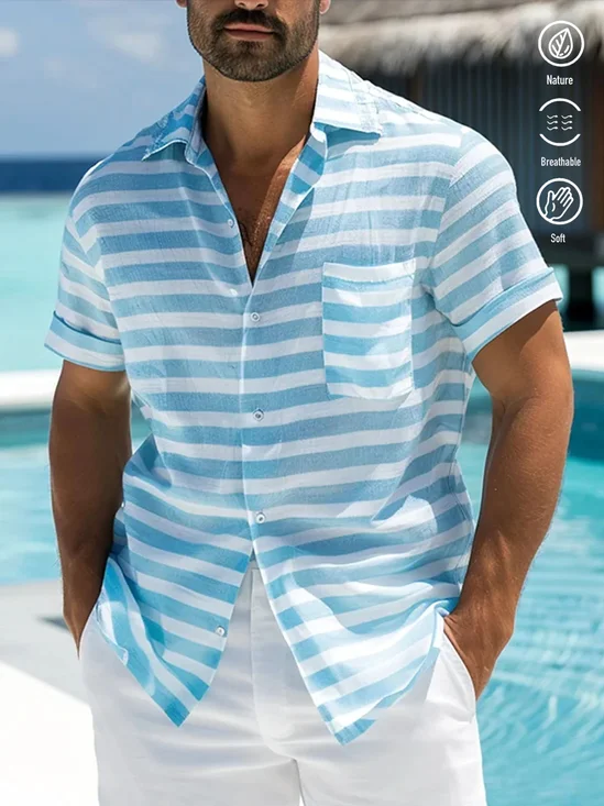 Royaura® Basic Men's Hawaiian Shirt Horizontal Stripe Printed Stretch Pocket Camping Shirt Big Tall
