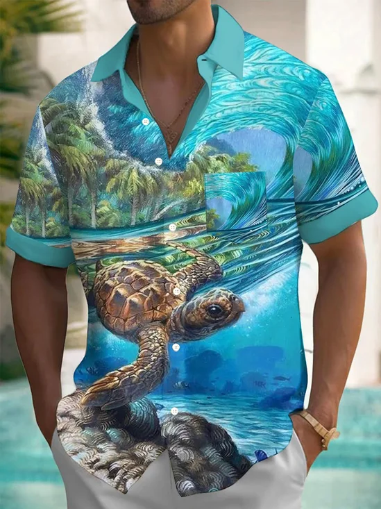 Royaura® Hawaii Sea Turtle Marine Life Print Men's Button Pocket Short Sleeve Shirt