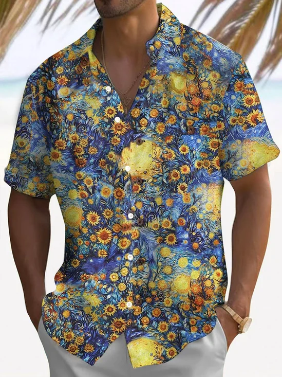 Royaura® Hawaiian Art Sunflower Floral Print Men's Button Pocket Short Sleeve Shirt