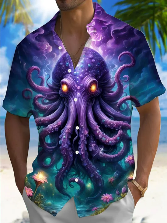 Royaura® Hawaiian Octopus Sea Life 3D Print Men's Button Pocket Short Sleeve Shirt