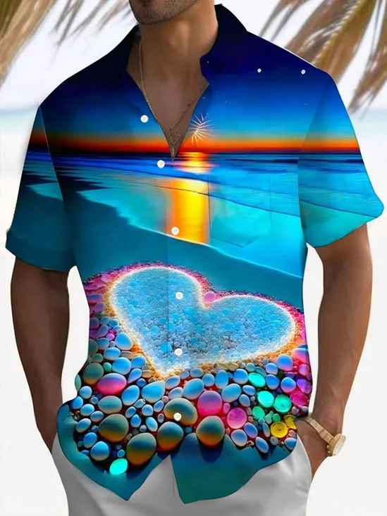 Royaura® Hawaii Beach Landscape Print Men's Button Pocket Short Sleeve Shirt