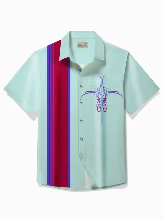 Royaura® Vintage Bowling Pinstripe 3D Print Men's Button Pocket Short Sleeve Shirt