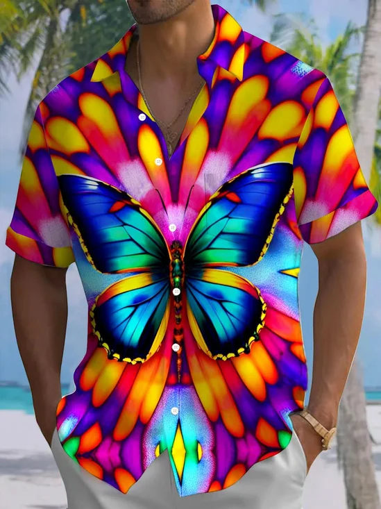 Royaura® Hawaiian Abstract Butterfly 3D Print Men's Button Pocket Short Sleeve Shirt