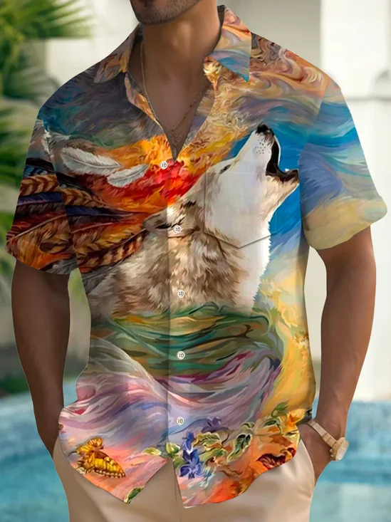 Royaura® Retro Wolf Animal Abstract 3DYyis Print Men's Button Pocket Short Sleeve Shirt