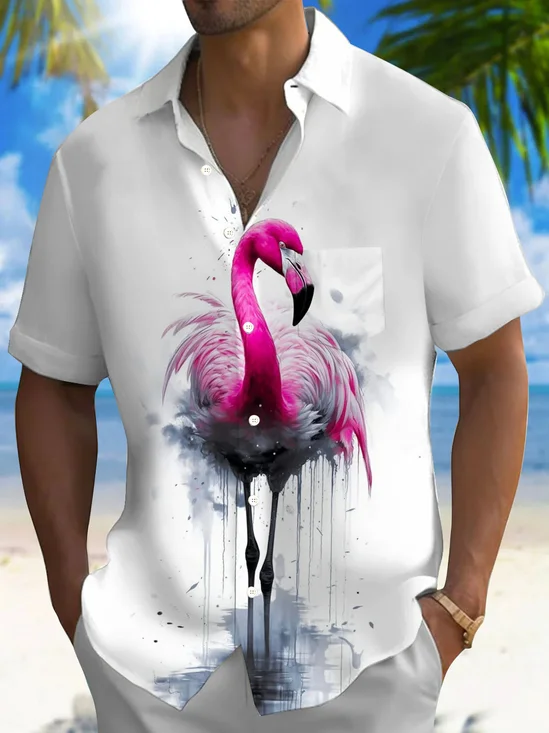 Royaura® Hawaiian Flamingo Art 3D Print Men's Button Pocket Short Sleeve Shirt