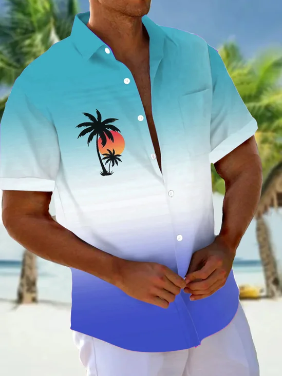 Royaura® Hawaiian Coconut Tree Gradient 3D Print Men's Button Pocket Short Sleeve Shirt