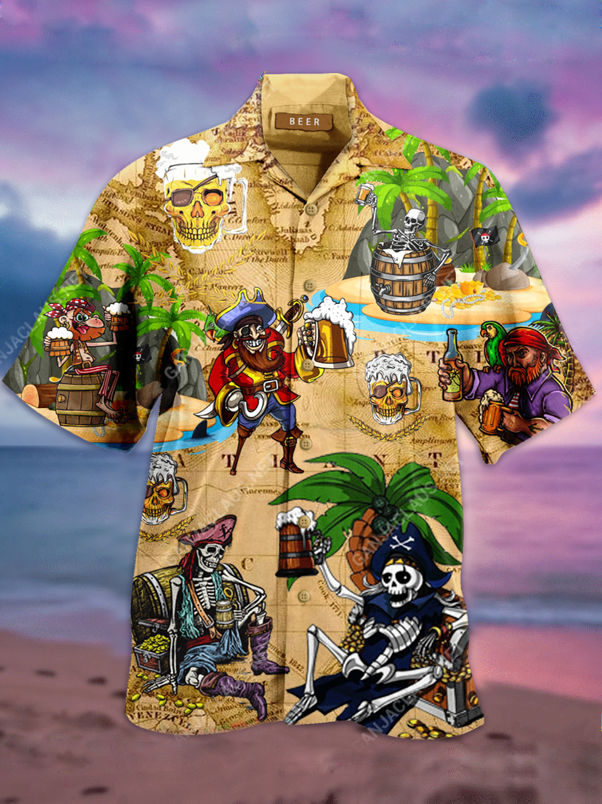 Men's Vintage Caribbean Pirate Skull Beer Hawaiian Printed Shirts