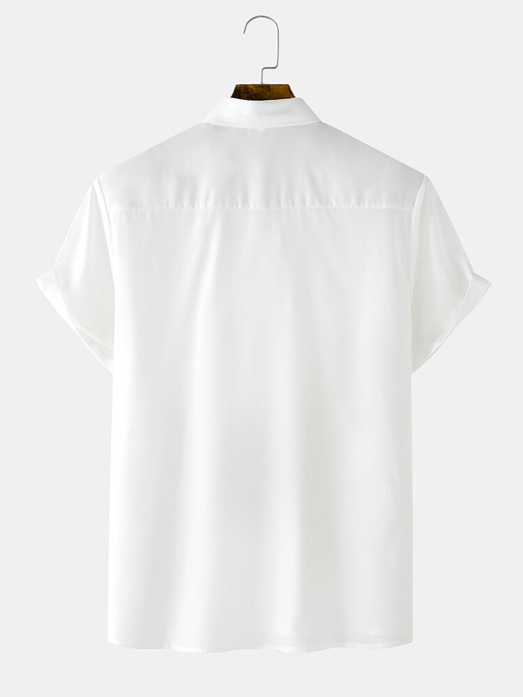 Mens Solid White Basic Lapel Casual Short Sleeve Shirts