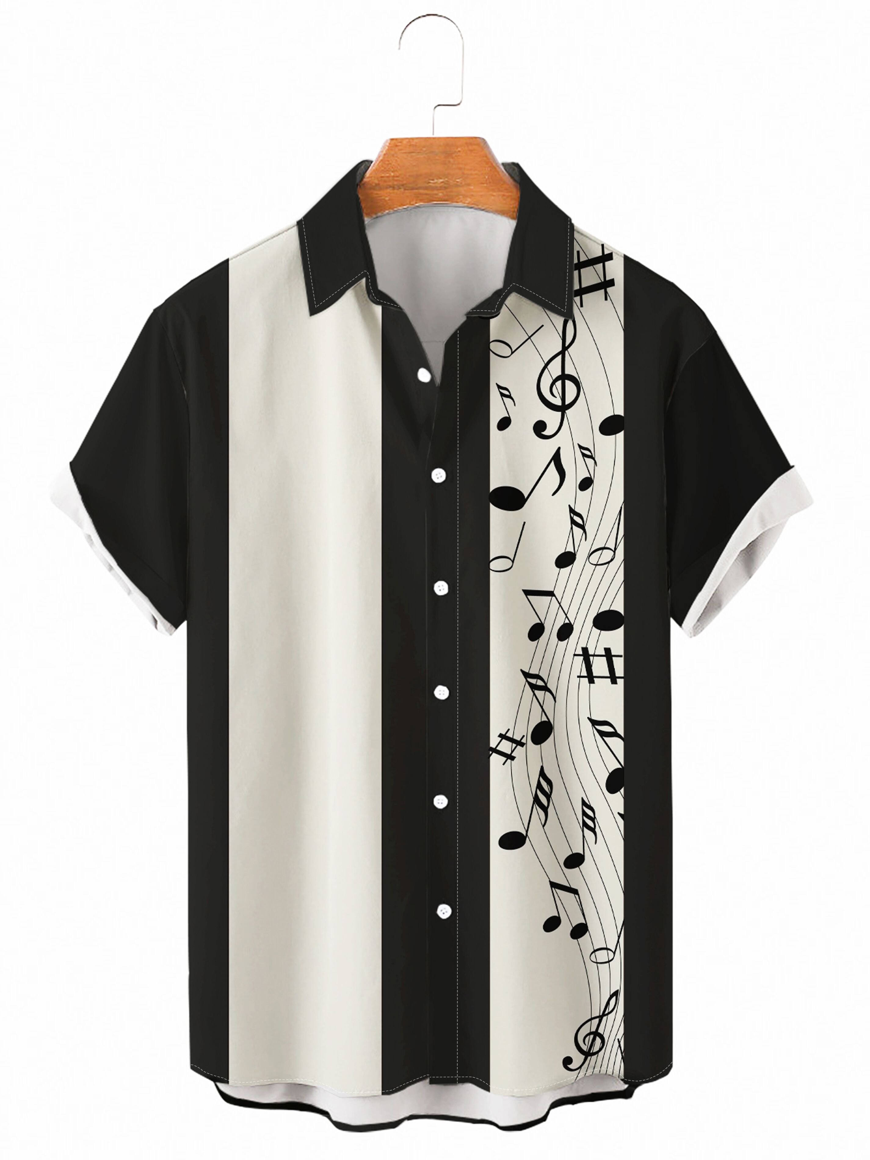 Mens Retro Music Print Casual Lapel Short Sleeve Hawaiian Shirts