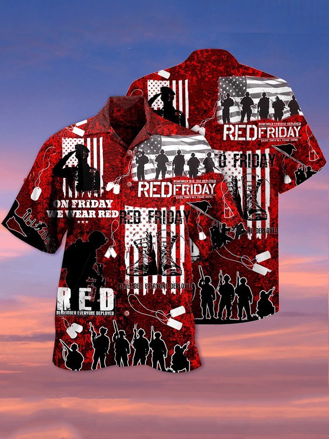 Men's Veteran Red Friday American Casual Hawaiian Shirt