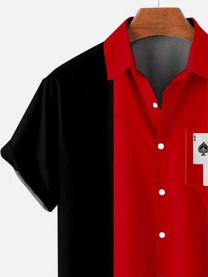 Men's Simple Casual Contrast Color Poker Pattern Shirt With Pockets