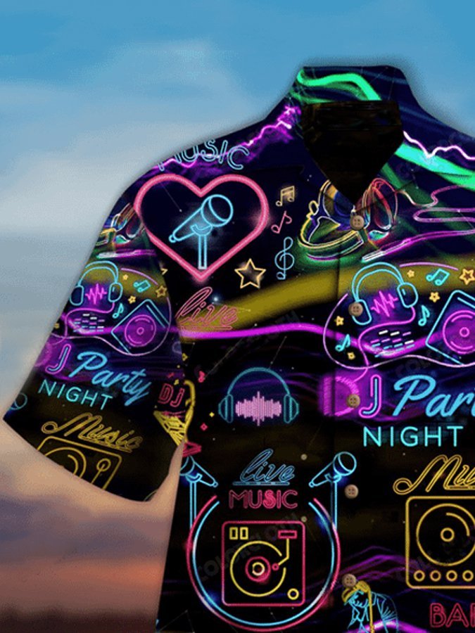 Royaura Men's Music DJ Neon Party Night Hawaiian Shirt