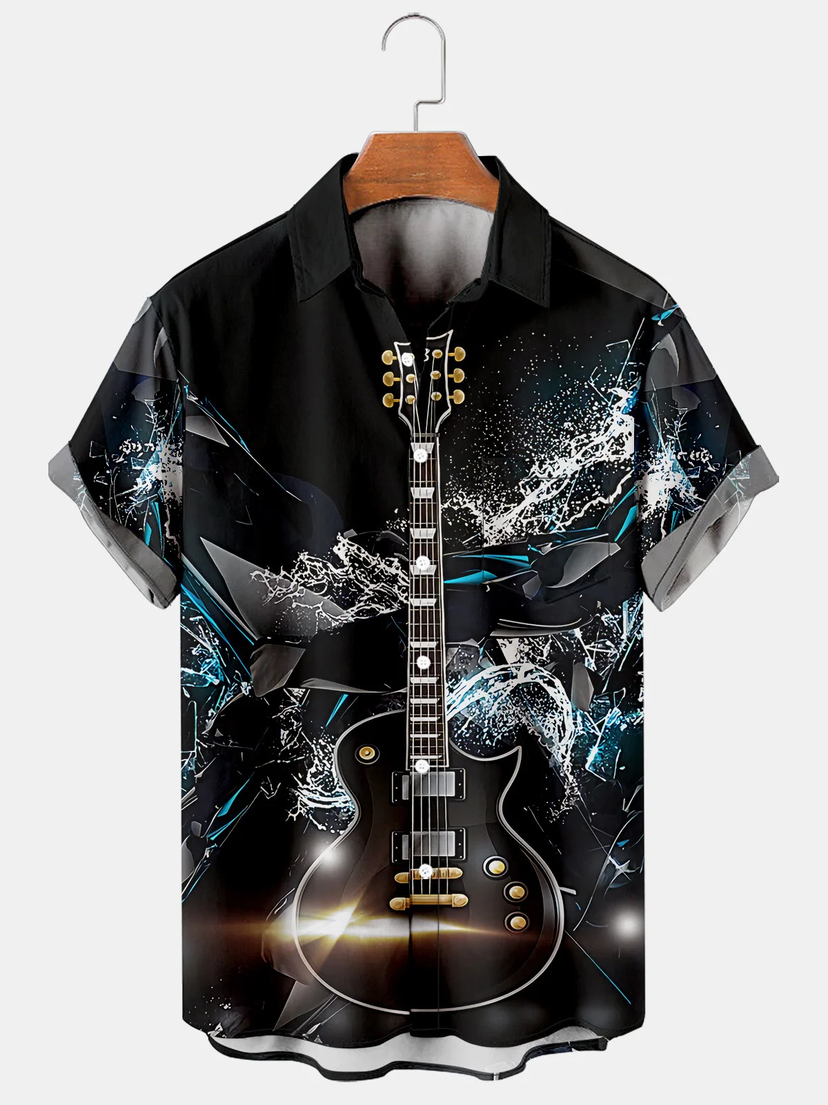 Mens Heavy Metal Rock Roll Punk Guitar Print Casual Breathable Chest Pocket Short Sleeve Hawaiian Shirts