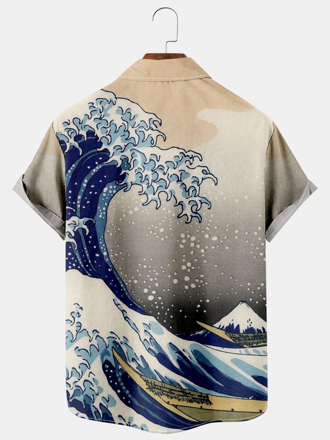 Royaura Men's Japanese Ukiyoe Wave Print Casual Chest Pocket Short Sleeve Hawaiian Shirts