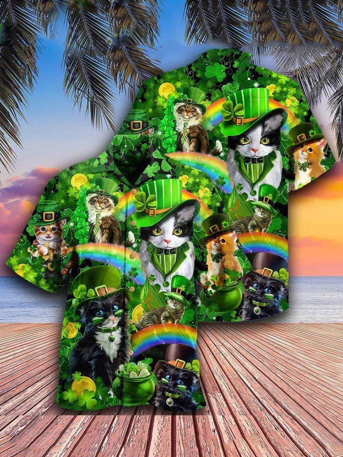 Mens Saint Patrick's Day Cats Shamrocks Hawaiian Shirt