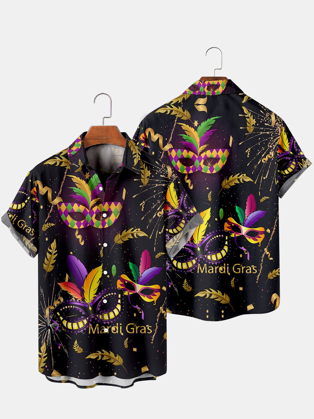 Men's Mardi Gras Mask Fireworks Print Comfortable Blend Short Sleeve Hawaiian Shirt