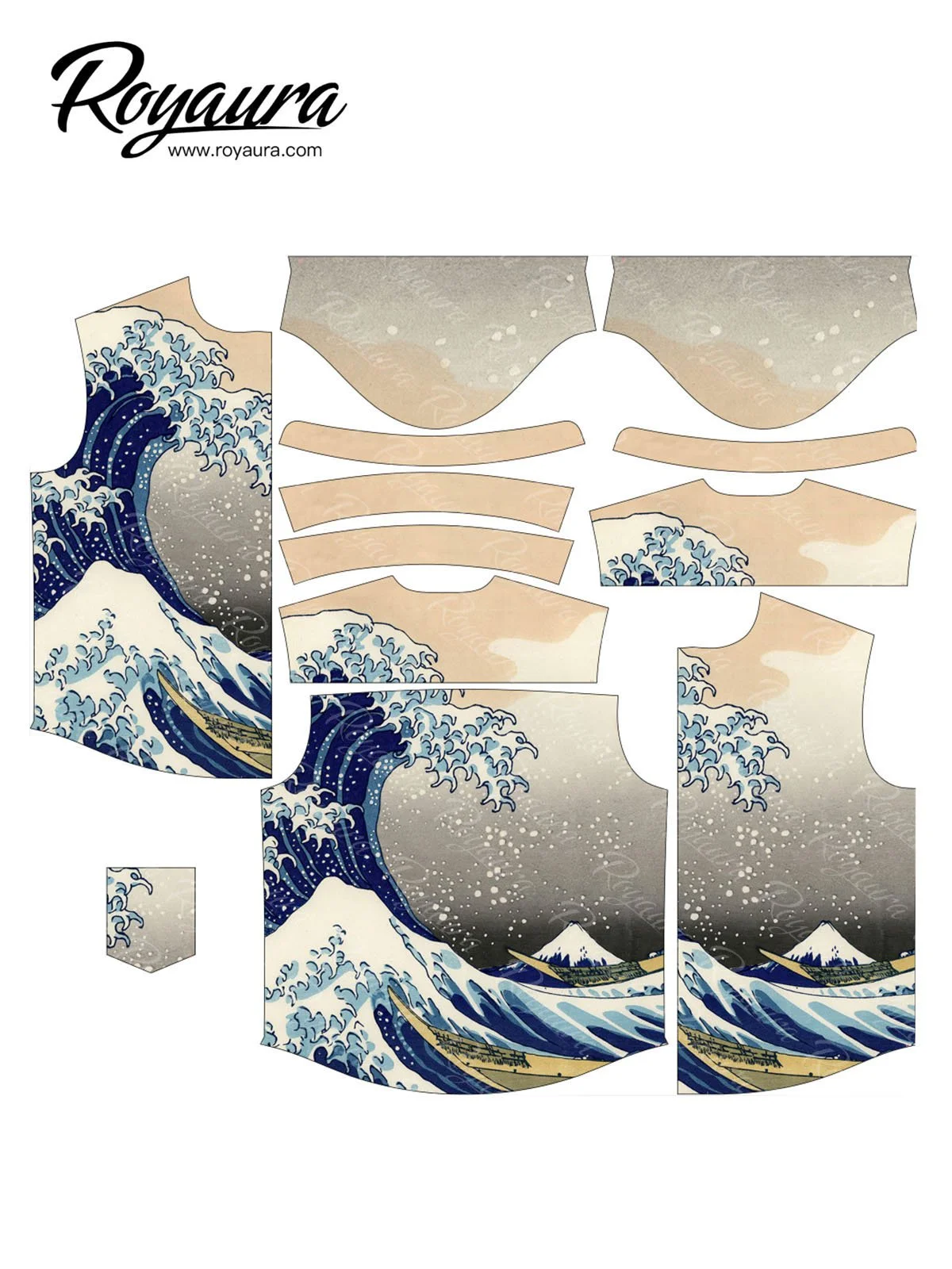 Royaura Men's Japanese Ukiyoe Wave Print Casual Chest Pocket Short Sleeve Hawaiian Shirts