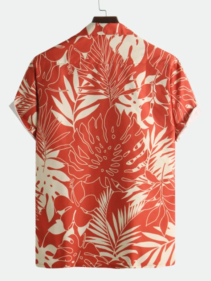 Men's Hawaiian Shirt Tropical Plant Leaf Print Red Comfortable Blend Short Sleeve Shirt for Couples